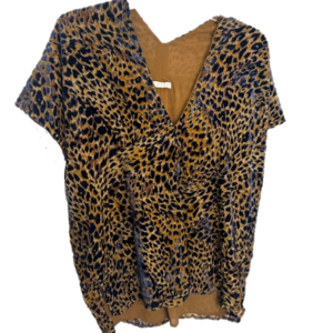 Karlie Small V Neck Tunic navy velvet cheetah animal  print on brown top